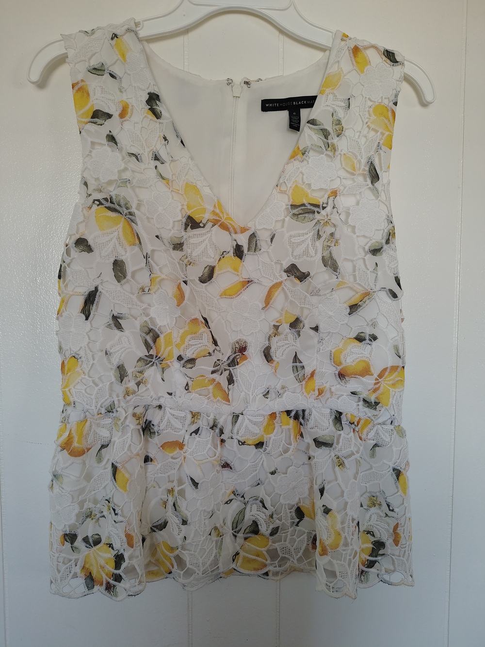 White House Black Market Lemon Print Lace Peplum Top - Size 6